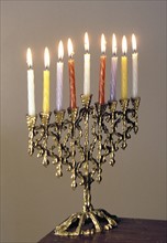 Nine-branched candelabra used in Judaism at Hannukkah
