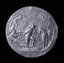 Médaille représentant Henri Hudson (vers 1550-1611), navigateur anglais remontant la rivière Hudson vers Albany (Etats-Unis)