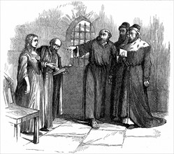 Gravure représentant Lucrèce Castellani accusée d'hérésie devant l'Inquisition à Turin avoir assisté à un service religieux vaudois interdit