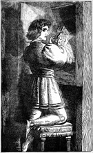 Engraving showing Waldensian youth hiding his vernacular Bible