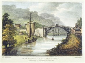 Engraving showing the Abraham Darby III's iron bridge across the Severn at Ironbridge, Coalbrookdale, England