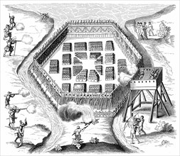 Engraving anOnondaga village attacked in 1615 by Samuel de Champlain (1567-1635), French explorer and "founder of Canada"