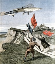 Louis Bleriot (1872-1936), French aviator, flying over the cliffs at Dover