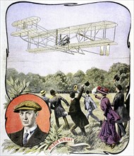 Le premier vol de Wilbur Wright en Europe, à bord du Flyer, biplan des frères Wright (1908)