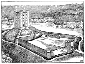 Schema d'un chateau normand inspire du chateau de Hedingham, dans l'Essex, Angleterre