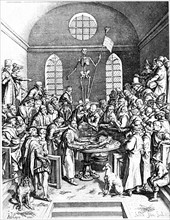 Engraving showing the late 16th century anatomy theatre by Jacques de Gheyn the Elder