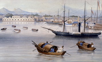 Watercolour showing the Shanghai harbour c.1875