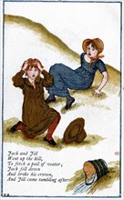 Illustration by Kate Greenaway (1846-1901) for a book of nursery rhymes 'Jack and Jill went up the hill'
