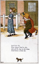 Illustration by Kate Greenaway (1846-1901) for a book of nursery rhymes 'Tell tale tit/Your tongue shall be slit'