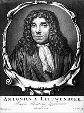 Engraving showing Anton von Leeuwenhoek (1632-1723), Dutch microscopist