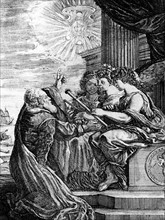 Engraving showing Galileo presenting his telescope to the Muses, and pointing out a heliocentric system