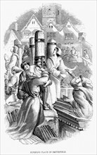 Engraving showing 4 laymen and 2 women burned at the stake