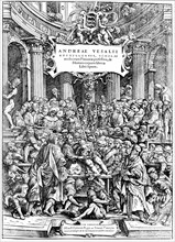 Page de titre de "De Corporis Humani Fabrica" ou Vesalius disseque un corps humain, Basel, 1543