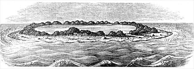 Engraving showing a coral reef creating a lagoon