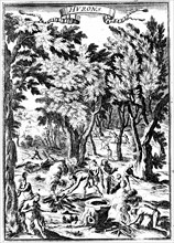 Engraving showing North American Huron Indians of what is now Virginia, hunting and preparing food in woodland