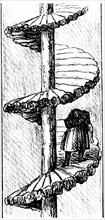Engraving showing a Woman carrying a load of coal up a 'turnpike'  spiral stair - Scotland