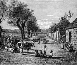 Engraving showing the slave quarters on a plantation in Georgia