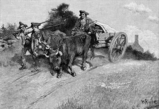 Patriotes americains transportant des barils de poudre obtenus dans le fort de William et Mary jusqu'a la colline de Bunker Hill
