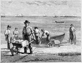 Engraving showing a Cape Cod fisherman washing fish