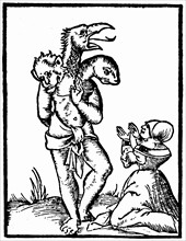 Woodcut showing a witch summoning up a monster