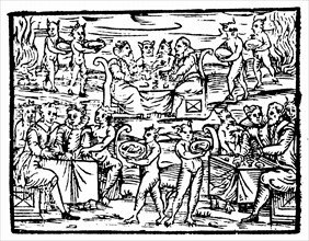 Engraving showing witches and sorcerers feasting at the Sabbath