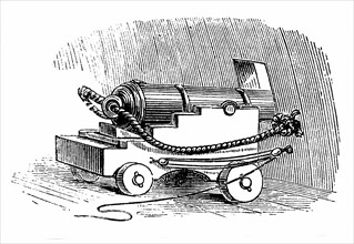 Engraving showing a ship cannon on gun carriage