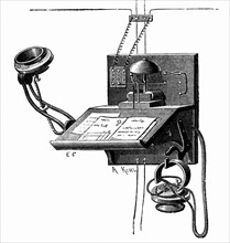 Engraving showing a telephone apparatus available to New York subscribers