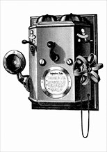 Engraving showing the Edison telephone in a wall-mounted box