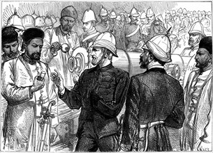 Second Anglo-Afghan War (1878-1880): Yakub (Yakoob) Khan, ruler of Afghanistan, being shown details of British guns