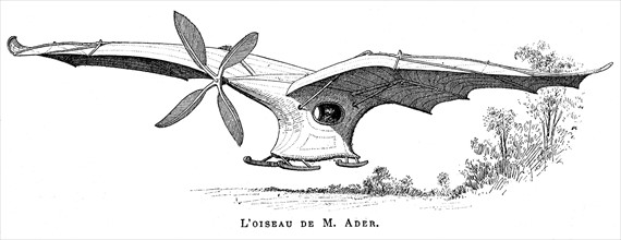 L'oiseau volant de Clement Ader "l'Eole", premier avion pilote a decoller sous sa propre vapeur, le 9 octobre 1890