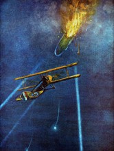 Zeppelin airship shot down by Leefe Robinson at Cuffley near London, September 1916