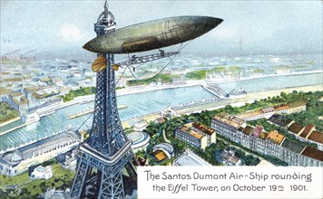 Alberto Santos-Dumont (1873-1932)
Aviateur bresilien a bord de son dirigeable no6 au-dessus de la Tour Eiffel a Paris