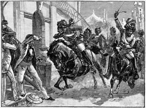 Indian Mutiny (Sepoy Mutiny) 1857-1859, mounted rebel Sepoys charging through the streets of Delhi