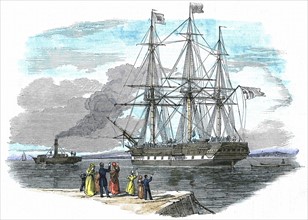 British emigrant ship being towed out of harbour before setting sail for Sydney, Australia