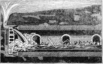 Water breaking through during excavation of Thames Tunnel, 12 January 1828