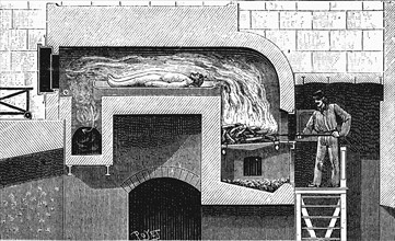 Cremation, sectional view  of furnace of the type to be installed in the Pere la Chaise crematorium
