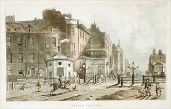 Tyburn Turnpike, London, showing Toll House and toll being collected from horseman near gatepost