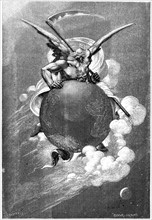 Engraving showing Old Father Time, carried by Time, Earth travels through space