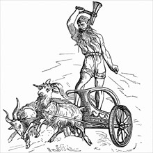 Thor son of Woden or Odin, the second god in the ancient Scandinavian pantheon, riding in chariot drawn by goats and wielding his hammer