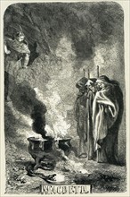 Macbeth visiting the Three Witches on the blasted heath