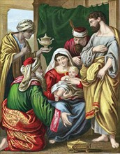 Les Rois Mages offrant leur présent symbolique à l'Enfant Jésus