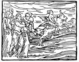 Le Diable, sous la forme d'une chèvre ailée, transportant une sorcière à un sabbat