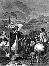 Boadicée (Boadicéa, Boudicca) reine du peuple britto-romain des Icenis au 1er siècle, ici rassemblant ses troupes