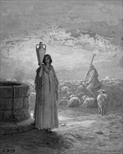 Jacob, keeping Laban's flocks, sees Rachel at the well