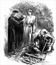 Hamlet in the graveyard with Horatio and the clown, examines Yorick's skull