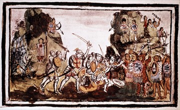 Spanish conquistador attacking natives in Mexico