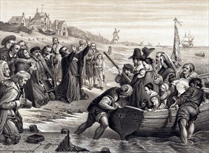 Les Pères Pèlerins quittant l'Asile de Delft pour se rendre en Amérique, juillet 1620