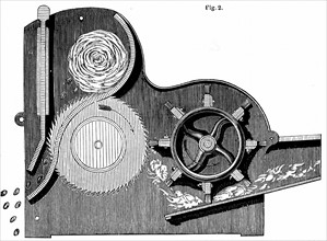 Cross-section of Elihu Whitney's (1765-1825) saw-gin for cleaning cotton