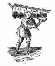 An apprentice, carrying a vessel wooden  as tall as himself, on his way to fetch water