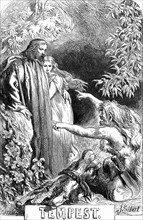 Prospero, holding his daughter Miranda